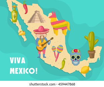 Mexican map poster with figure of Mexican who playing a guitar and distinctive features of the country vector illustration