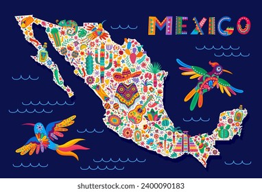 Silueta de mapa mexicano con símbolos nacionales y plantas tropicales. Contacto de cartografía vectorial con sombrero, poncho, cactus y colibrí, maracas, tortugas y mex, pimienta o tequila