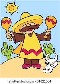 Mexican Maraca Player : Musician in sombrero and poncho.