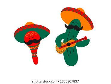 Maracas mexicanas y cactus con sombrero tocando guitarra, instrumento musical tradicional mexicano y latino. Ilustración vectorial plana