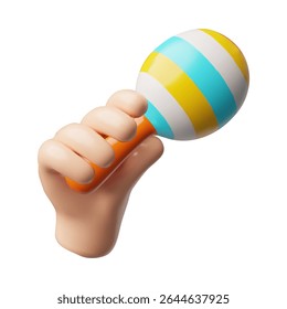 Mexican maracas in hand 3D plastic style vector icon. Cartoon render musical instrument, bright musical rattle. Brazilian percussion instrument. Colorful Hispanic rumba shaker isolated