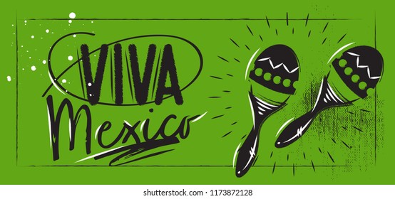 Mexican maracas and letting Viva Mexico on a green background. Poster Holiday Mexican