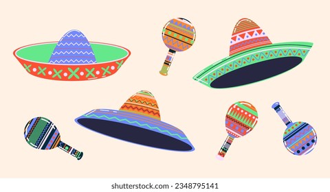 Mexican maracas. Musical instrument maracas. Sombrero, maracas cartoon style. Mexican holiday attribute, traditional latin musical instrument.