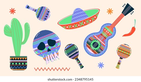 Mexican maracas. Musical instrument maracas. Sombrero, cartoon style maracas, skull, guitar, cactus. Mexican holiday attribute, traditional latin musical instrument.