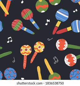 Mexican maracas and musical notes seamless vector pattern on black background for textile, fabric, cloth print, coverage, wrapping paper and other design.