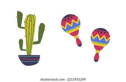 Mexican maracas and potted cactus plant set cartoon vector illustration