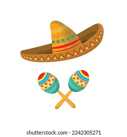 Mexican maracas and sombrero isolated on white background.