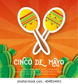 Mexican maracas, succulent. Musical Instrument. Maraca, Mexico, Carnival, Percussion Instrument. Orange background with cactus. Vector illustration.