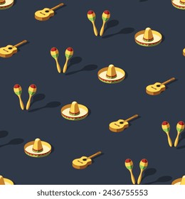 Mexican mariachi band isometric seamless pattern on dark blue background