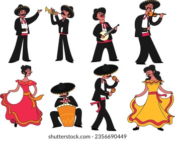 mexican mariachi band, traditional hispanic music group latin men playing instruments woman dancing.