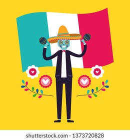 Mexican mariachi with flag and leaves cartoons card vector digital image illustration