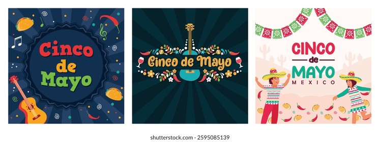 Mexican mariachi folk music parade. Cinco de mayo concept. Federal holidays in Mexico. Party with food, flowers and traditional music.  Set flat vector illustration.