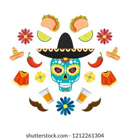 mexican mariachi hat with skull and set icons