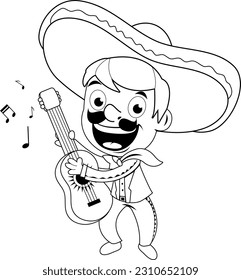 Mexican mariachi man playing the guitar. Vector black and white coloring page.