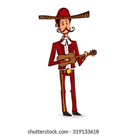 Mexican mariachi man playing the guitar. Hand drawn cartoon vector illustration.