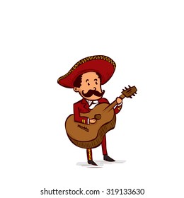 Mexican mariachi man playing the guitar. Hand drawn cartoon vector illustration.