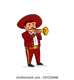 Mexican mariachi man playing the trumpet. Hand drawn cartoon vector illustration.