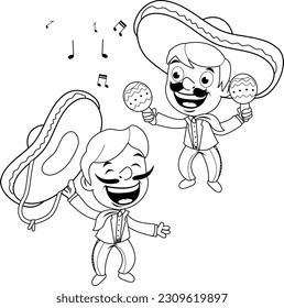 Mexican mariachi men playing the maracas and singing. Vector black and white coloring page.