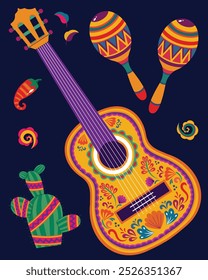 Mexican mariachi music instruments guitar and maracas. Day of the dead celebration 