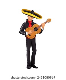 Músico mexicano de mariachi para las vacaciones del Cinco de Mayo, personaje vectorial en sombrero con guitarra. Mexicano disfrazado con música de mariachi para la fiesta del Cinco de Mayo o la celebración del carnaval