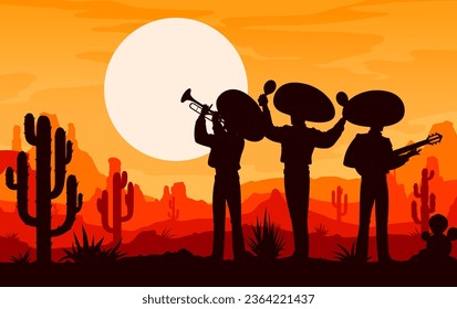 Mexican mariachi musician and cowboy silhouettes on sunset at desert in Mexico, vector background. Mexican music band men in sombreros with guitar, maracas and trumpet on evening sunset stage scene