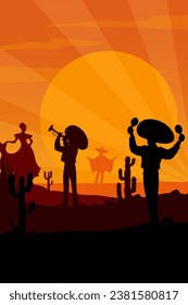 Mexican mariachi musicians and dancing woman silhouettes at desert sunset landscape with sun rays and saguaro cactuses. Charro cowboys vector characters in sombrero hats playing maracas and trumpet