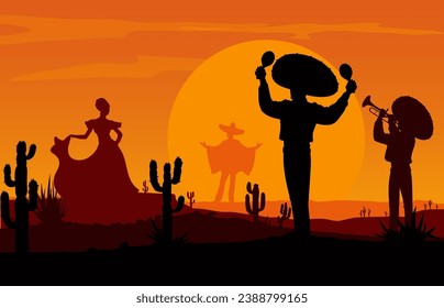 Mexican mariachi musicians and dancing woman silhouettes at desert sunset landscape. Wild West nature vector background with cactuses, orange sky and setting sky, charro cowboys with sombrero, maracas