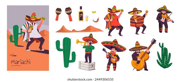 Mexican mariachi musicians with folk instruments. Composition and set of vector elements isolated on a white background.