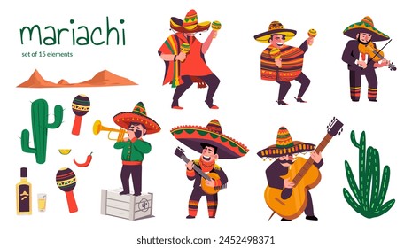 Mexikanische Mariachi-Musiker mit Folk-Instrumenten. Set von Vektorgrafik-Elementen isoliert auf einem weißen Hintergrund.