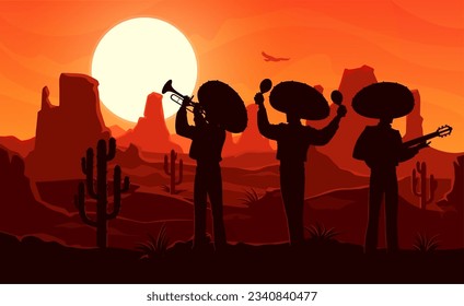 Mexican mariachi musicians silhouettes at desert sunset. Vector dusk scene with trio of men wear sombrero playing maracas, guitar and trumpet at deserted picturesque landscape with cacti and mountains