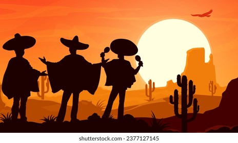 Mexican mariachi musicians silhouettes at desert sunset landscape. Cinco de mayo holiday, celebration vector scene with latino men trio wear poncho and sombrero play maracas music in the dusk desert