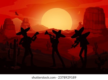 Silhouettes de músicos mexicanos de mariachi en la puesta de sol del desierto del Lejano Oeste, fondo vectorial. Bandas musicales mexicanas con sus sombreros, guitarra, violín y trompeta tocando música de mariachi en el desierto mexicano