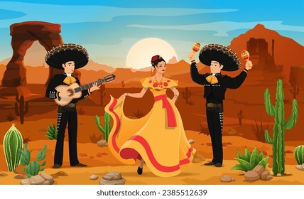 Mexican mariachi musicians and woman dancer at desert landscape. Mexican culture motif vector background with flamenco dancer and musicians cartoon characters playing guitar and maracas in desert