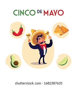 mexican mariachi with set icons of the cinco de mayo vector illustration design