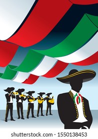 mexican mariachi singer with a band and flags