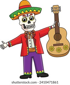 Mexican Mariachi Skeleton Cartoon Colored Clipart