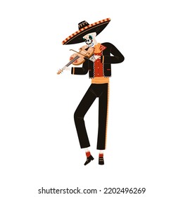 Mexican Mariachi skeleton playing violin. Mexico musician character in sombrero hat with fiddle for Day of Dead, El Dia de los Muertos holiday. Flat vector illustration isolated on white background