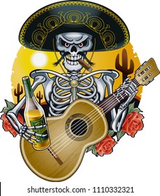 mexikanische Mariachi-Skelette mit Sombrero und Gitarre 