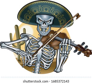 mexican mariachi skeleton wearing sombrero and playing violin