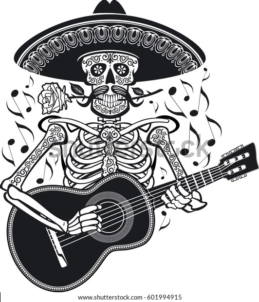 Mexican Mariachi Skeleton Wearing Sombrero Playing Stock