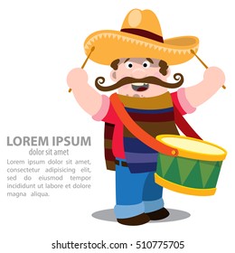 Mexican. Mariachi in sombrero and with drum.