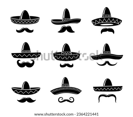 Mexican mariachi sombrero hat icons with moustaches, Mexico culture and tradition vector symbols. Silhouette sombrero and mustaches with Mexican ornament for holiday celebration or fiesta party