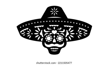 Mexican mariachi in sombrero in traditional style. Stencil for Dia de los muertos. Ornamental skull in mexican hat. Best for cutting, laser cutting, decoupage. Template vector illustration.