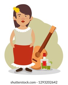 mexican mariachi woman with guitar and tequila to event