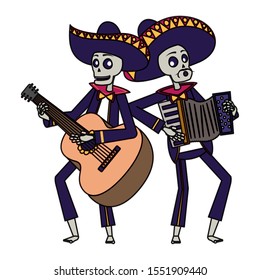 mexican mariachis skulls playing guitar and accordion vector illustration design