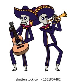 mexican mariachis skulls playing guitar and trumpet vector illustration design