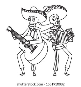 mexican mariachis skulls playing guitar and accordion vector illustration design