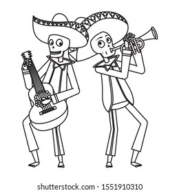 mexican mariachis skulls playing guitar and trumpet vector illustration design