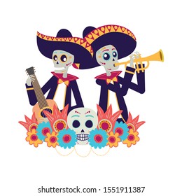 mexican mariachis skulls playing guitar and trumpet vector illustration design