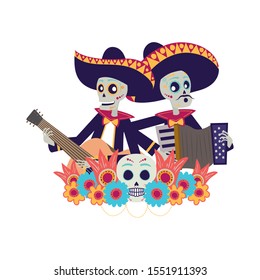 mexican mariachis skulls playing guitar and accordion vector illustration design